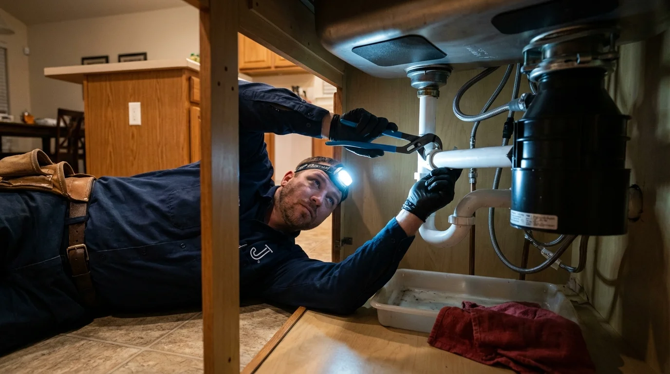 P-trap and supply line connections under a kitchen sink showing a common leak point in Avondale, AZ